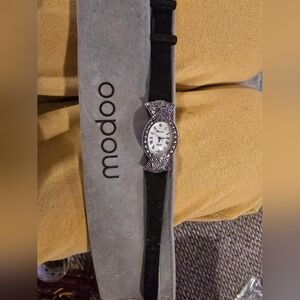 Modoo Black Velvet Strap Women's Dress Watch with Silver-Tone Crystal Case